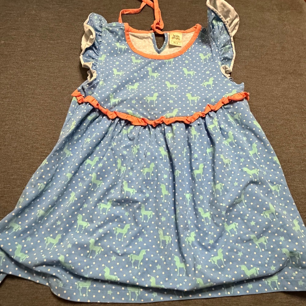 Wildflowers No. 8 Girls Blue Unicorn Polka Dot Ruffle Dress Size 8 Keyhole Back‎